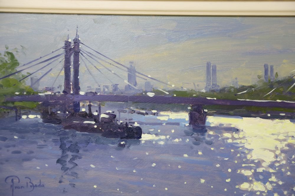 Peter Van Breda, oil on board, Albert Bridge towards Battersea, signed, 19 x 39cm